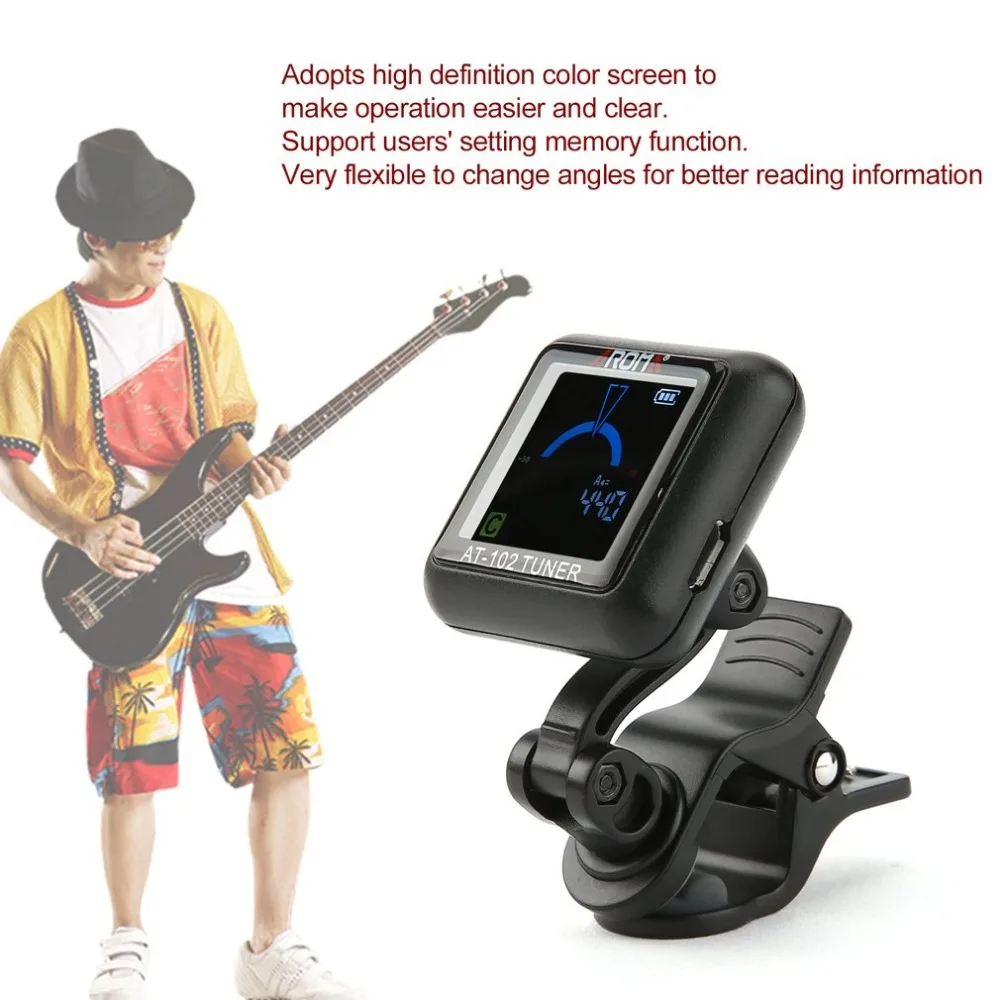 

TSAI AT-102 Rechargeable Electronic Tuner Rotatable Clip-on Guitar Tuner with Colored Screen Display for Chromatic Guitar