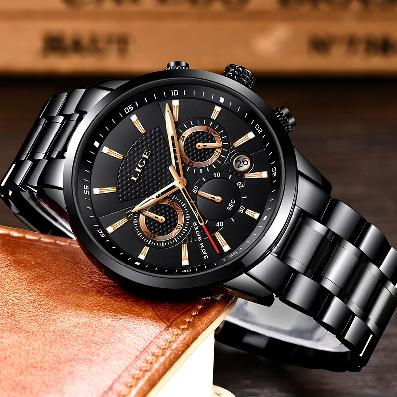 LIGE New Mens Watches Top Luxury Brand Quartz Watch Waterproof Chronograph Watch Luminous Fashion Watch Men Relogio Masculino