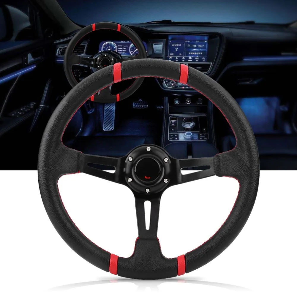 

Modified 350mm 14in Universal Black Aluminum Frame PVC Leather 6-Bolt Deep Dish Drifting Sport Racing Steering Wheel W/ Horn