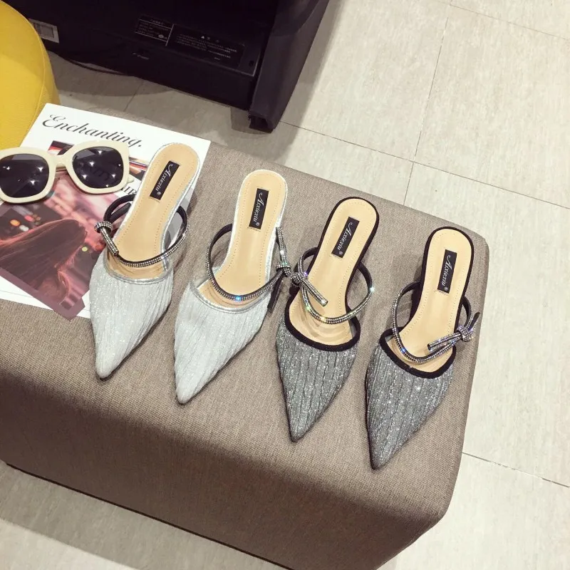 

Pointed Toe Butterfly-knot Woman Shoes Luxury Slippers Heels Slides Med Jelly Flip Flops Designer High Sliders 2019 Cover Thin