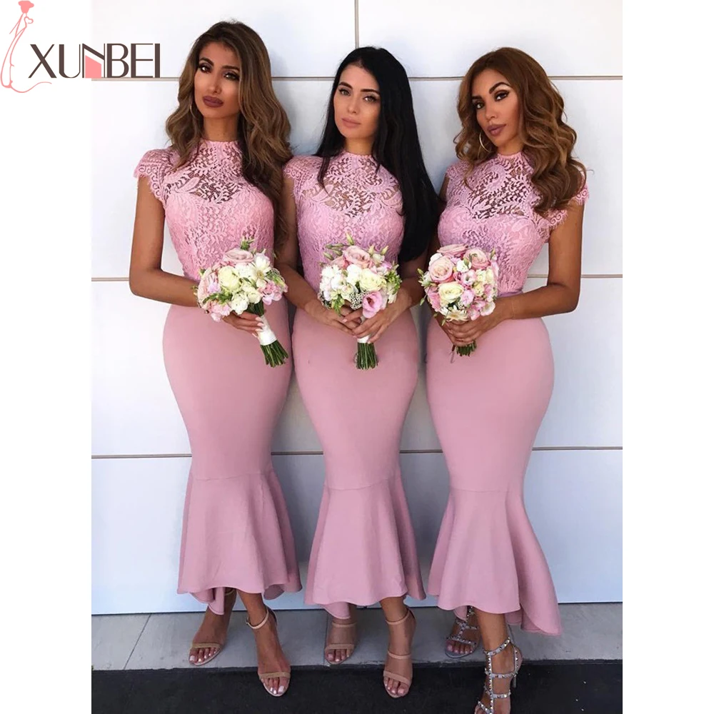 

Vestidos Fiesta Boda Elegant Lace Mermaid Bridesmaid Dresses 2019 Short Sleeves O-Neck Lace Wedding Guest Dress Vestidos
