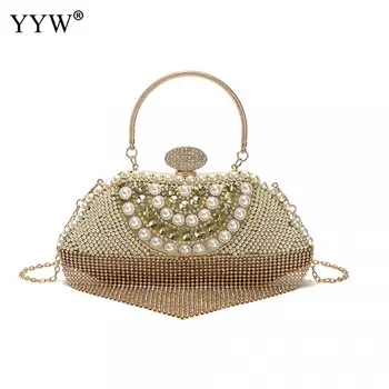 

Tassel Women Wedding Clutch Bags Gold Rhinestone Pearl Curve Handbag Silver Evening Clutch Luxury Handbags Fashion Women Bags
