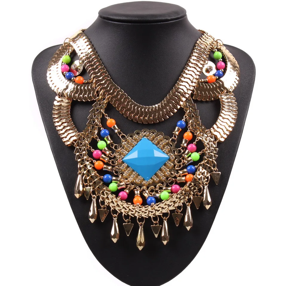 

2019 Fashion Exaggerated Style Bib Statement Choker Jewelry Colorful Acrylic Welding Twisted Metal Chain Chunky Necklaces