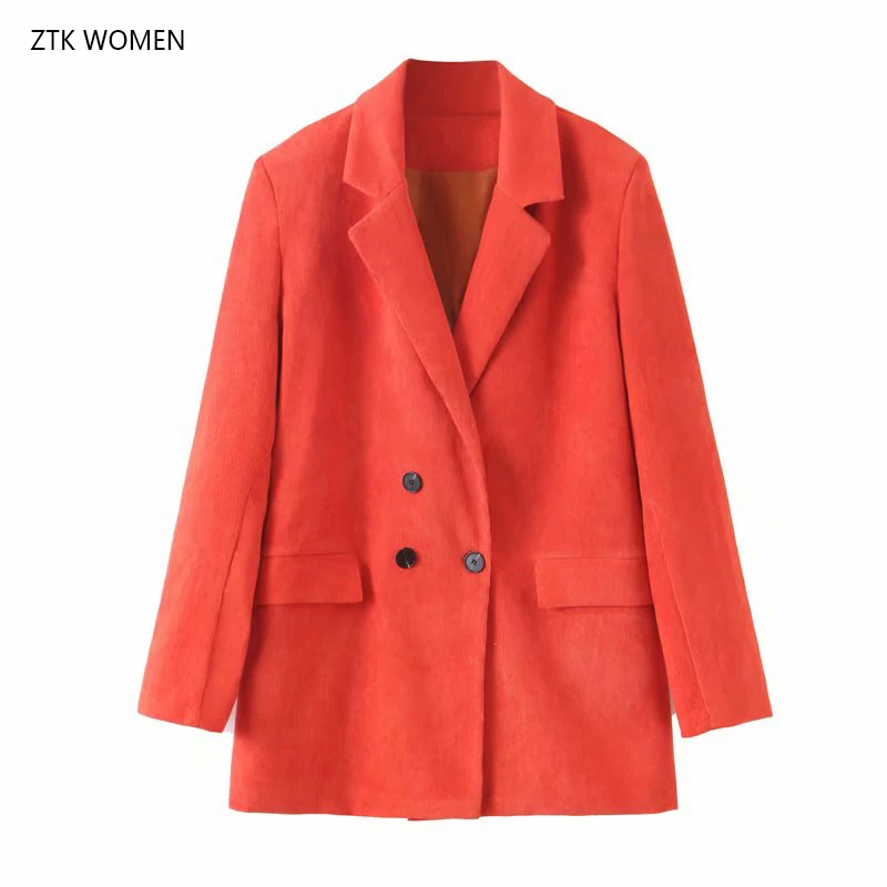 

ZTK women 2019 new autumn long sleeve jacket notched double breasted pocket orange red blazer femme casual OL chic corduroy coat