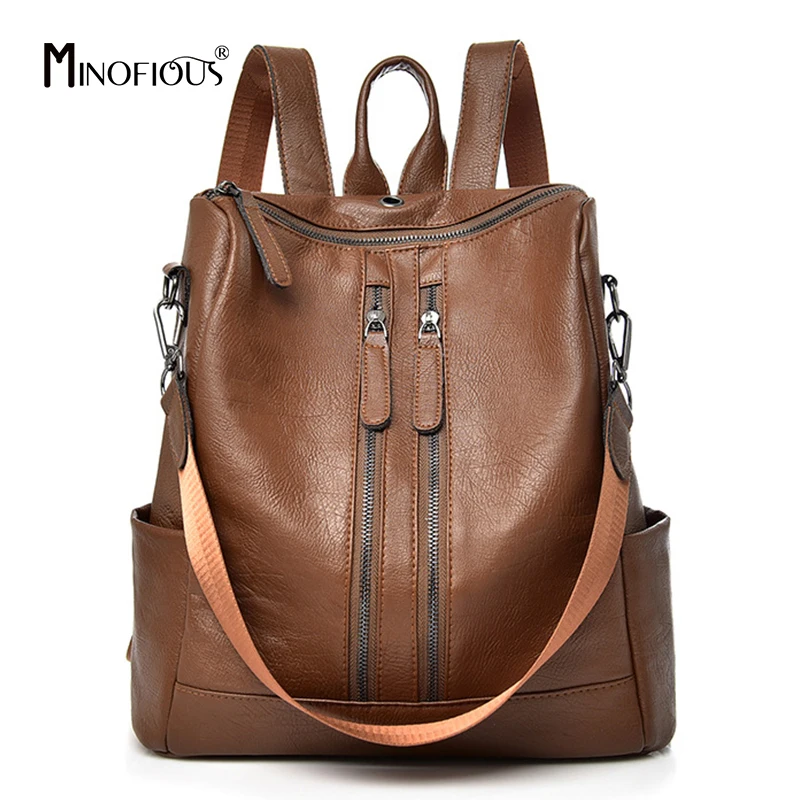 MINOFIOUS PU Leather Women Backpack Multifunctional School Backpacks for Teenager Girls Large Capacity Ladies Backpack mochila