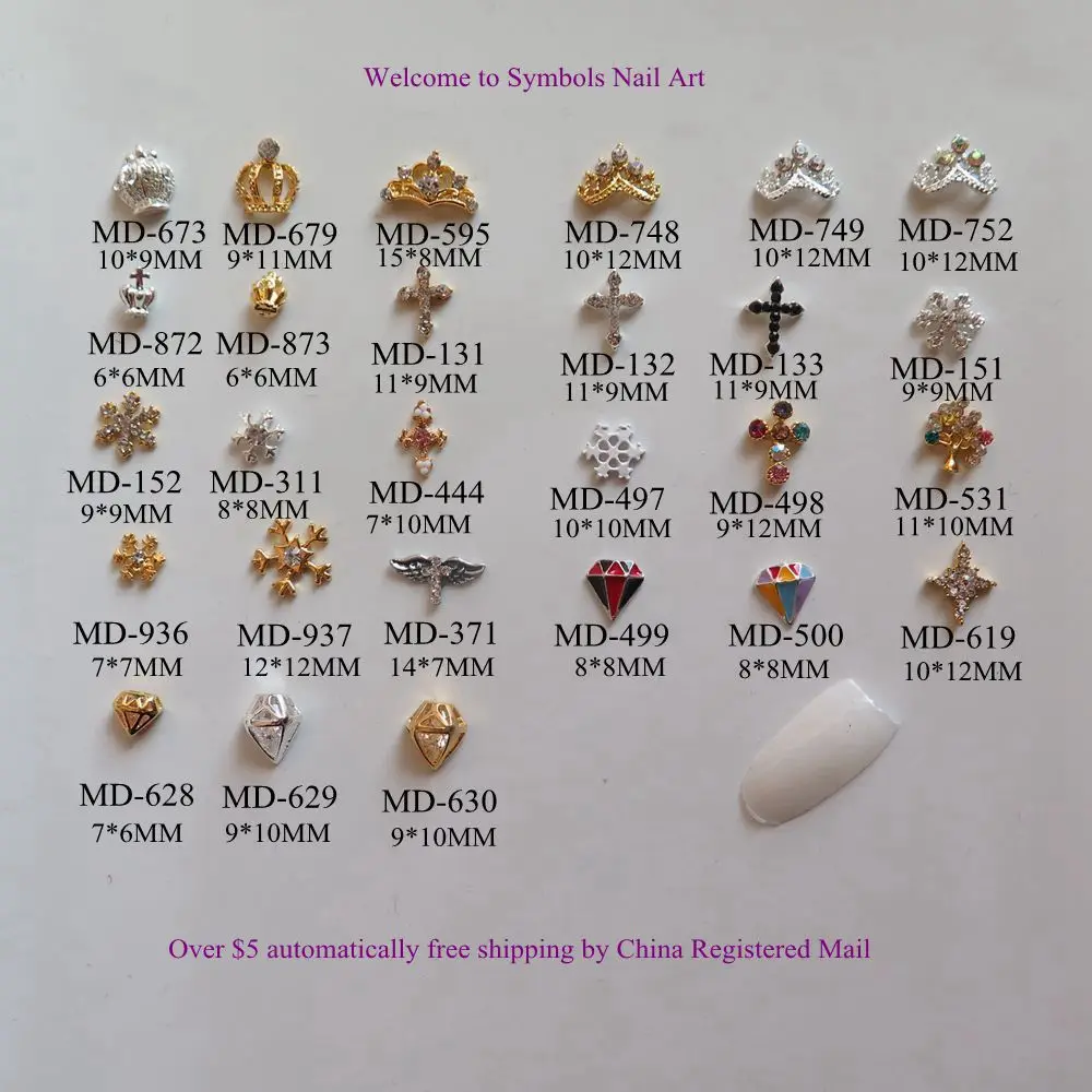 

3D 10pcs/bag Different Metal Crown Cross Snowflake Diamond Deco Nail Decoration Metal Shinny Deco