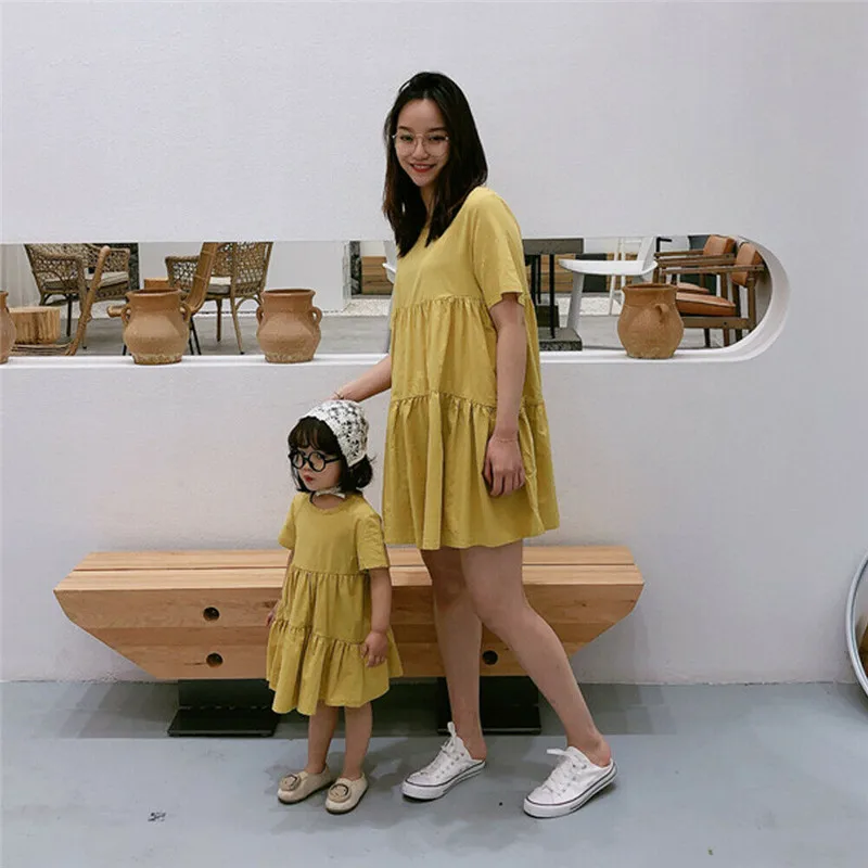 Mutter Und Tochter Kleider mama und mich familie passenden kleidung Eltern-Kind Frauen Kinder Baby Mädchen Nette Plain Kleid elegante
