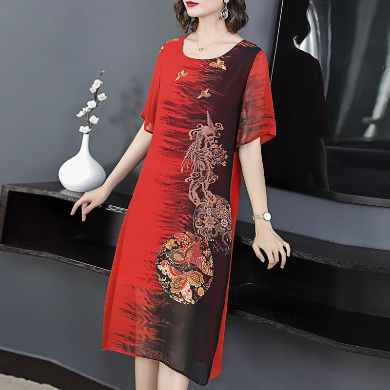 

Fake Silk Dress Women Plus Size High Quality 2019 Summer Print Floral Elegant Vintage Loose Casual Party Dresses Robe Clothes