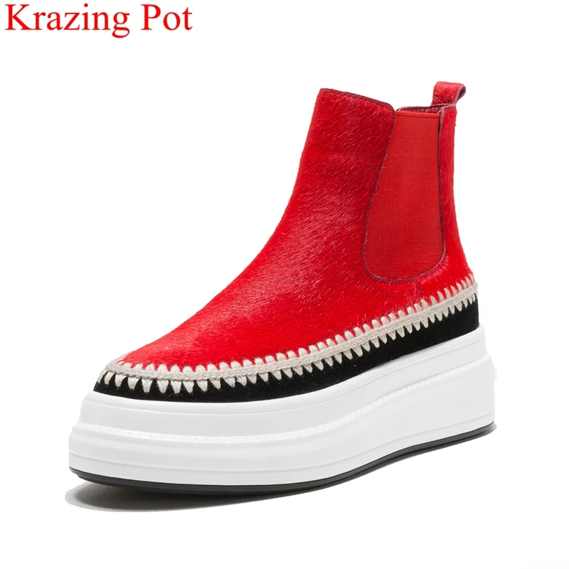 

2018 new arrival horsehair platform solid keep warm winter shoes round toe wedge high heels concise runway women ankle boots L60