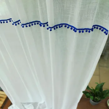 

Blue Balls Tassels White Tulle Curtains for Living Room Boho Cotton Linen Sheer Curtians for Bedroom Voiles Window Treatments