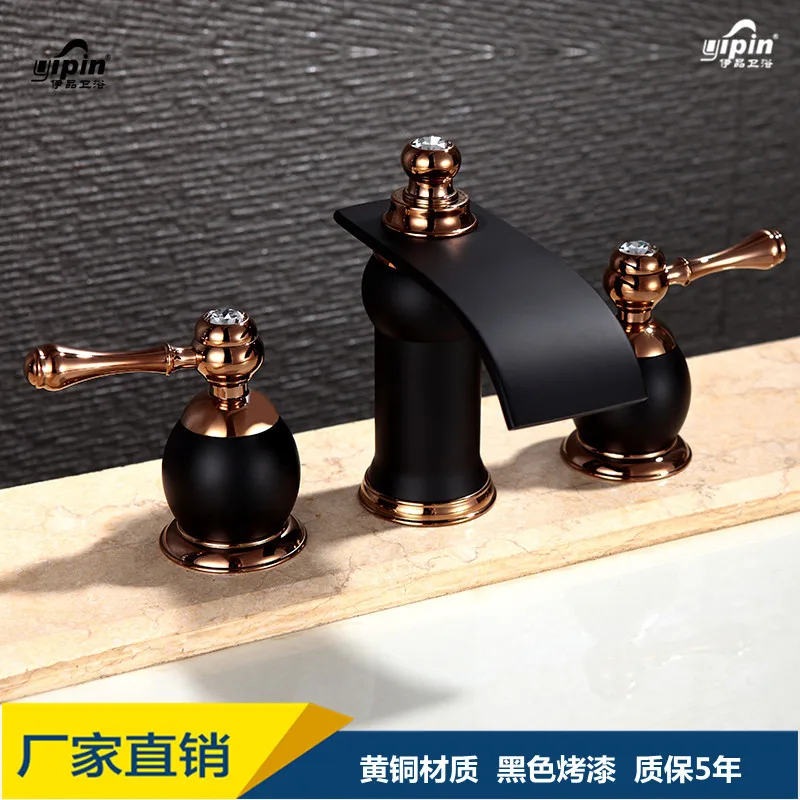 

copper double waterfall faucet of the lacquer that bake all the three hole black bathroom counter basin faucet