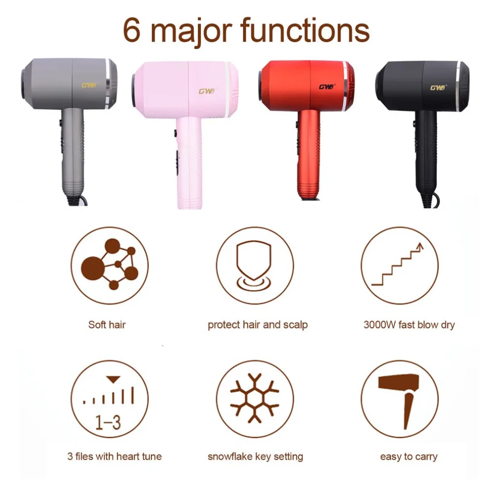

Professional Moisturizing Supersonic Hair Dryer Large Power Hair Repairing Air Blower Constant Temperature Blower GW-9800 3000W