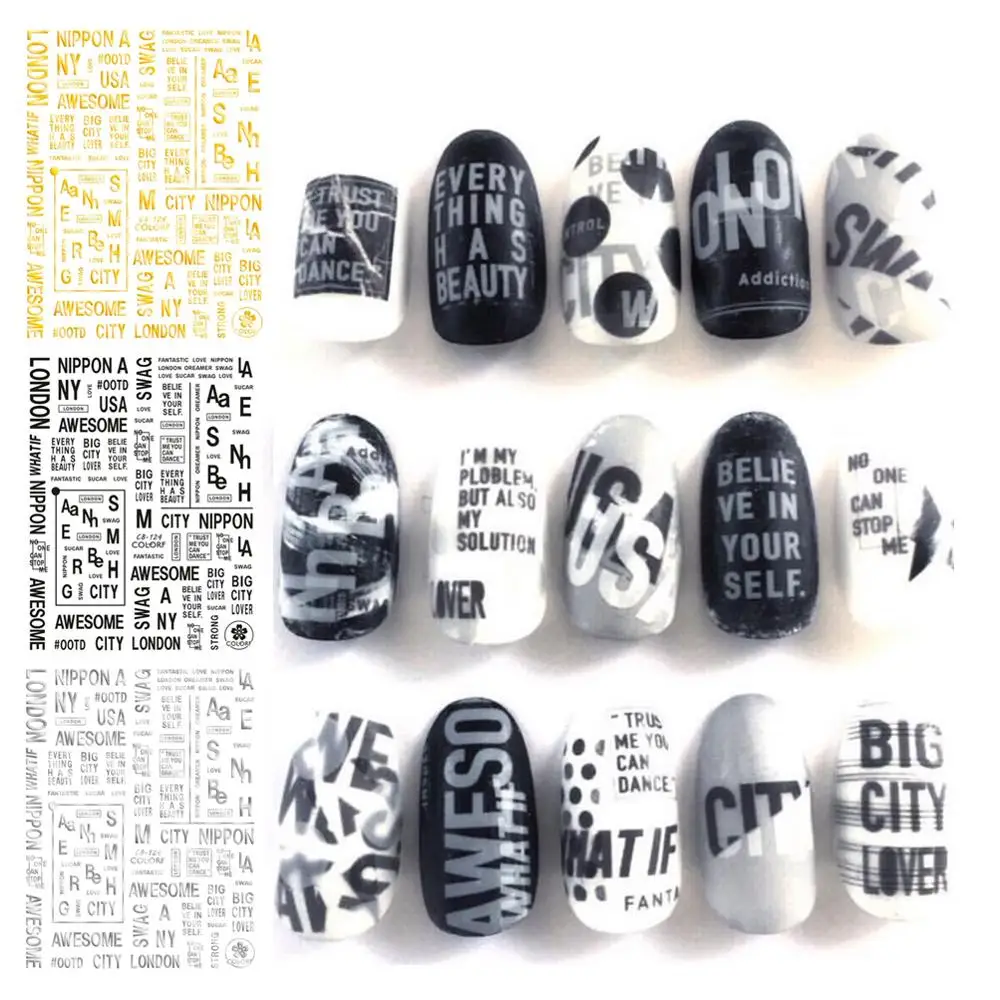

CB series CB-124 letters series Black White Gold Silver letters 3d nail art stickers decal template diy nail tool decorations
