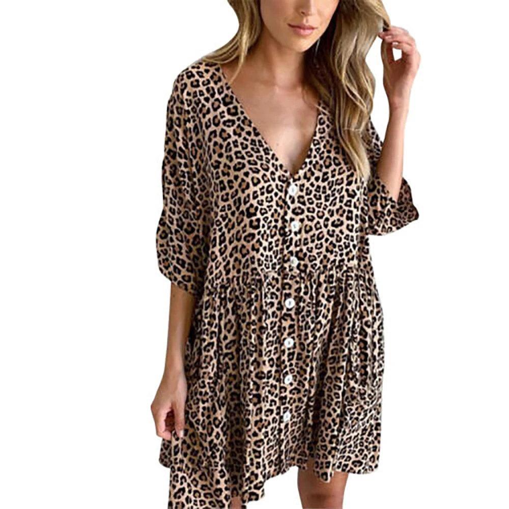 Лето г. для женщин с леопардовым принтом платье новые свободные повседневные платья для девушек пикантные женское с коротким рукавом Короткое офисная одежда