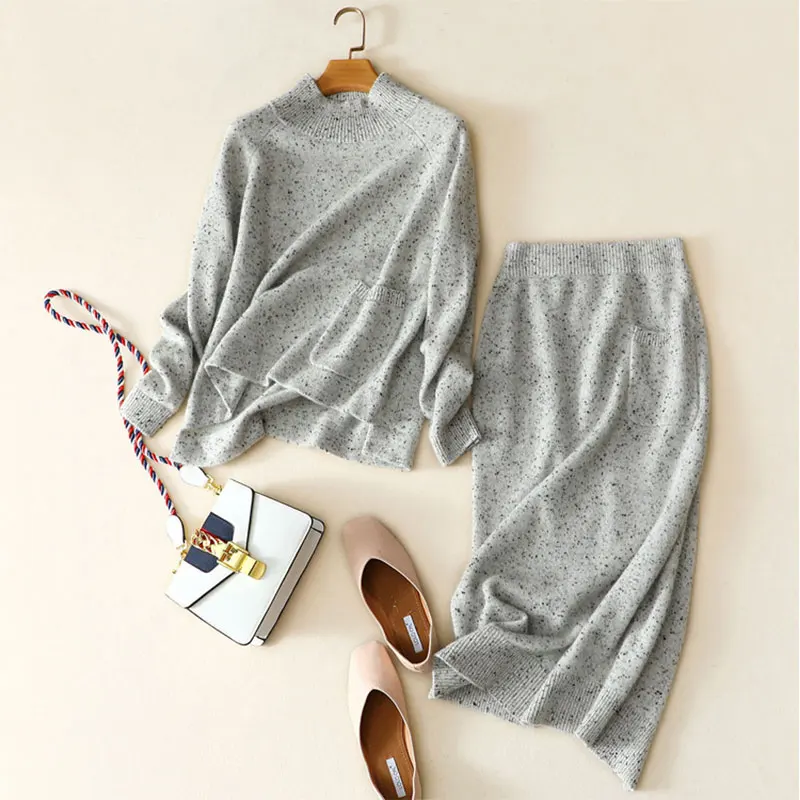 

Two Piece Set 2018 Autumn Winter 100% Pure Cashmere Sweater Women Pullover Knitted + High Waist Female Winter Knit Skirt Long