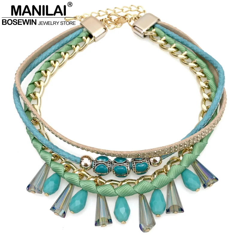 MANILAI Boho Multi layers Leather Charm Crystal Chokers Necklaces For Women Fashion Handmade Beads Maxi Necklaces & Pendants