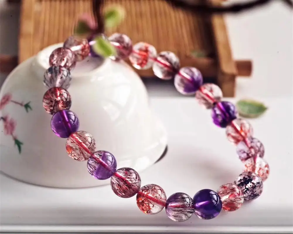 

Genuine Natural Super Seven 7 Lepidocrocite Quartz Rutilated Crystal Round Beads Bracelet 8.2mm Women AAAAAA Certificate