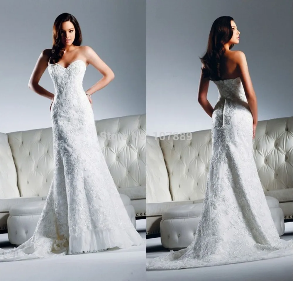2015 A-Line Bridal Gown Strapless Sleeveless Chapel Train Zipper Lace Wedding Dresses For Brides CY245 | Свадьбы и торжества