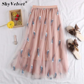 

Feather Floral Embroidery Tulle Skirt Long Pleated Skirts High Quality Elegant A-line Tutu Lace Mesh Skirt Pink Black White