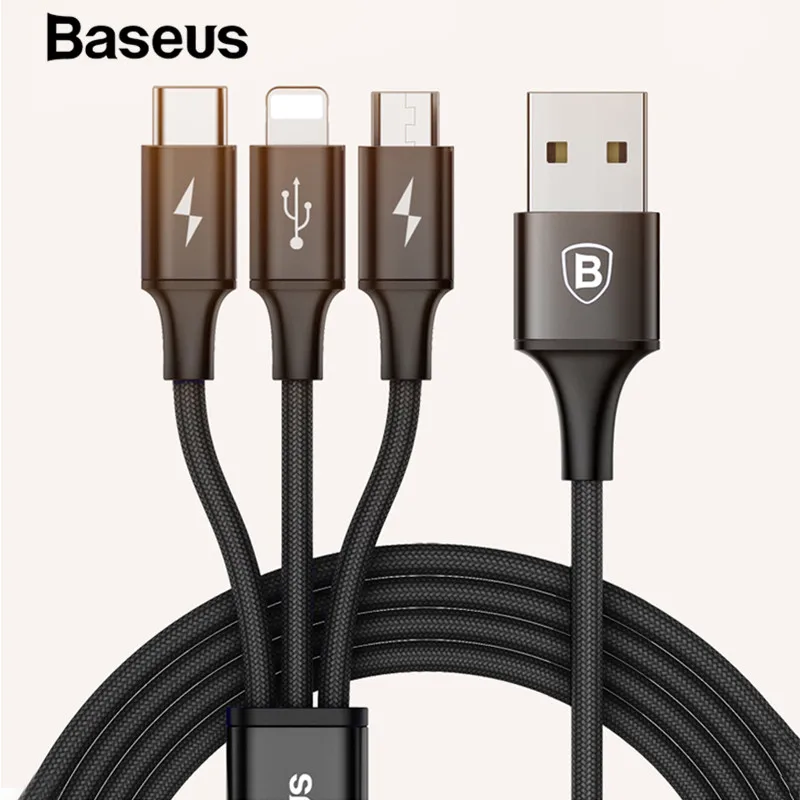 Baseus 3 في 1 كابل يو اس بي الهاتف المحمول كابل بيانات ل فون X المصغّر usb نوع-C كابل الشاحن لسامسونج S9 S8 سريع كابل الشاحن