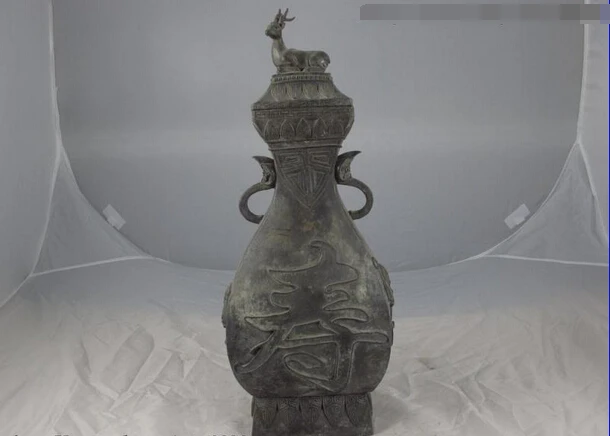 

Elegant old S1284 China Royal Palace Old Pure Copper Bronze Bat Blessing Longevity Deer Pot Vase statue