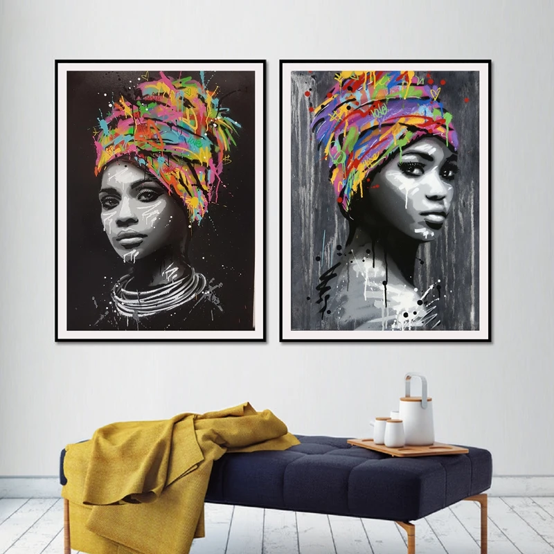 Graffiti African Girl Poster Canvas Art Prints, Watercolor African Woman Portrait Art Painting Wall Pictures Home Room Decor