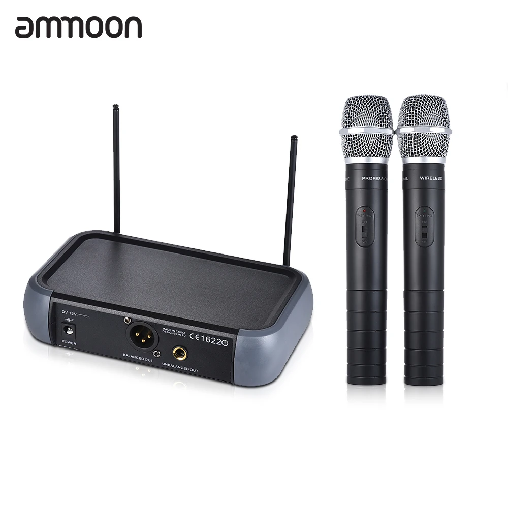 

ammoon Dual Channel VHF Wireless Handheld Microphone System with Echo Function 2 Microphones & 1 Receiver 6.35mm Audio Cable