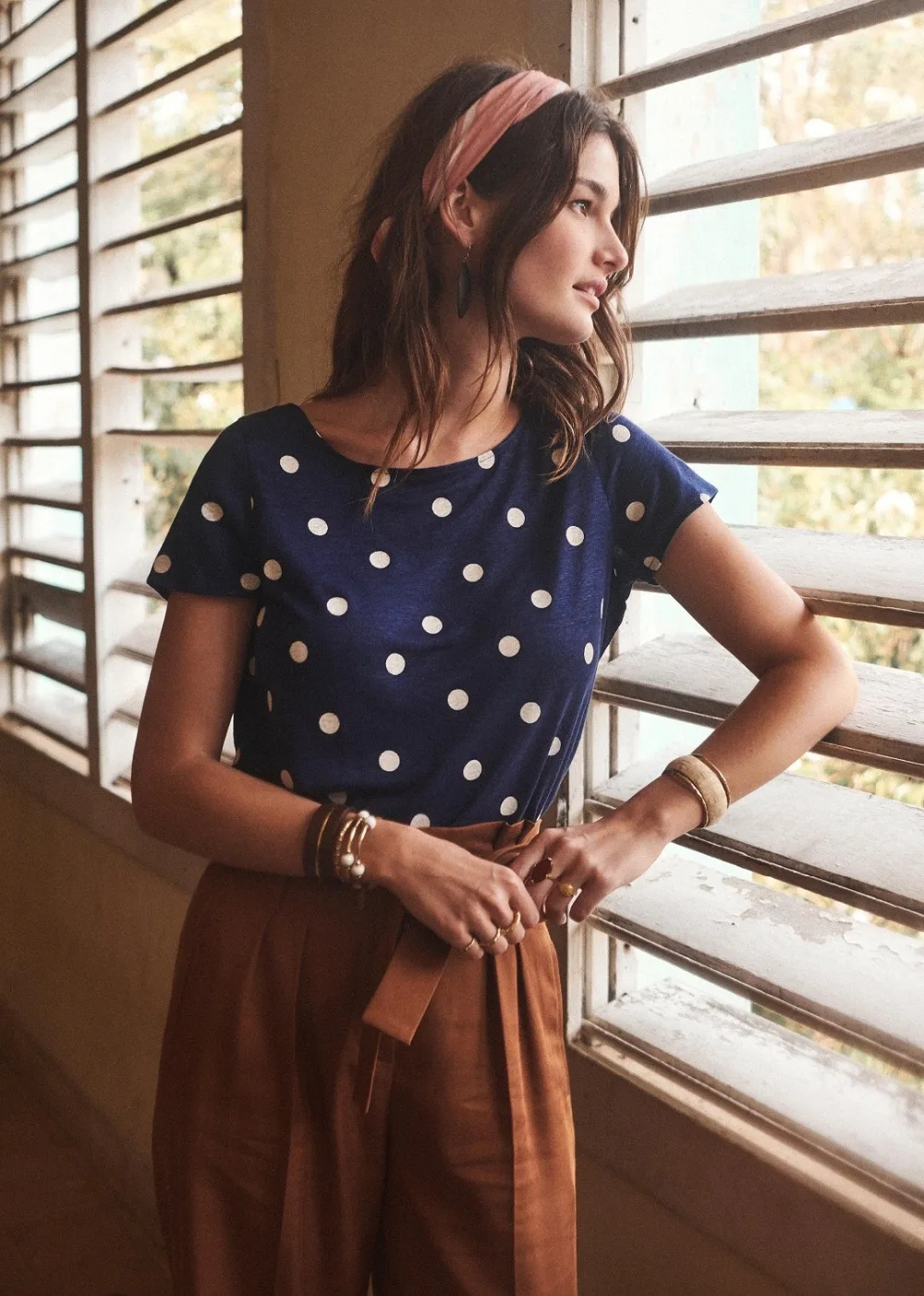 

100% Linen Short-sleeved T-shirt Womens/Ladies Navy Polka Dots Light Breathable Top Tee Round Neck Tshirt 2019