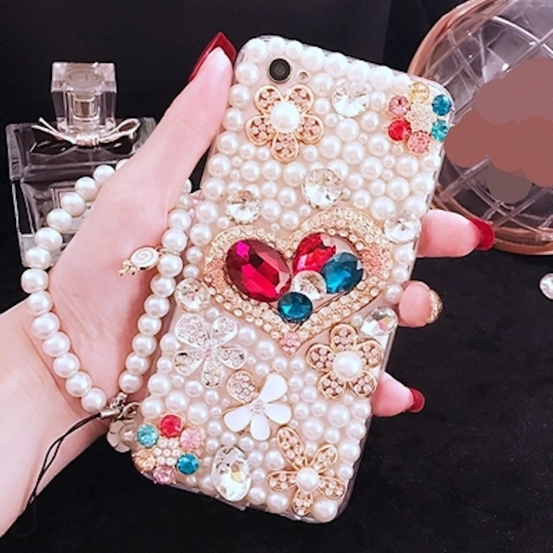 

Pearl rhinestone flower heart rope case for iPhone 6 6s 7 8 plus X XS MAX XR for Samsung galaxy s7 edge s8 s9 plus note 5 8 9