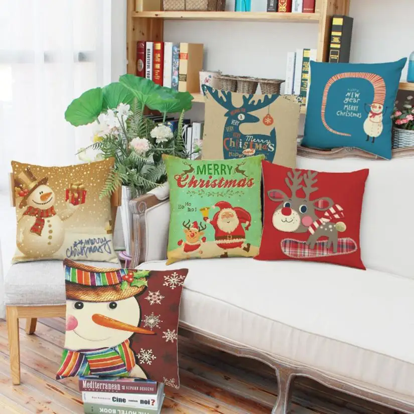 

Hot sale Christmas Cotton Linen Cushion Cover Throw Waist Pillow Cover Sofa Home Decor Cojines Capa Almofada housse de coussin