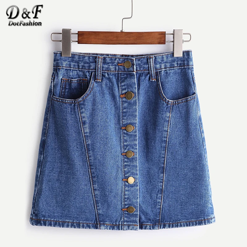 Dotfashion Blue A Line Single Breasted Denim Skirt Womens Streetwear ...