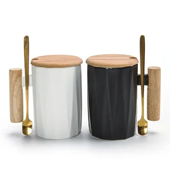 

330ML Ceramic Mugs with Wooden Handle and Gold Spoon Set White Black Color Water Milk Cup Coffee Mugs