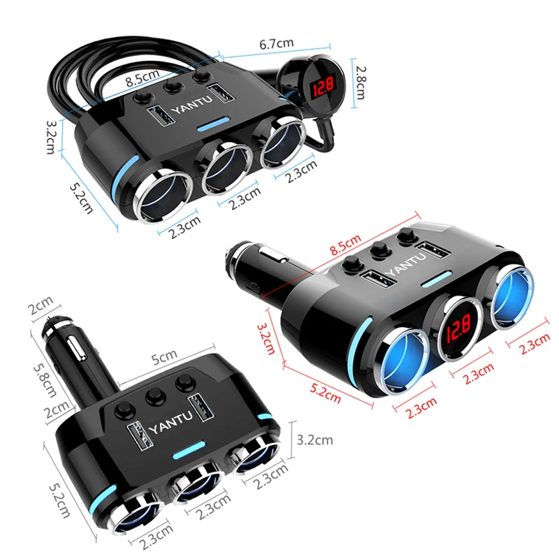 12 V-24 V автомобильный прикуриватель с 3 разъемами, светодиодный usb-адаптер для зарядки, 1A 2.1A 100 W, монитор напряжения для телефона