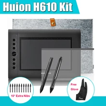 Discount! 2 Pens Huion H610 Graphics Drawing Digital Tablet Kit + 15″ Bag + Parblo Two-Finger Glove + 10 Extra Pen Nibs + Protective Film