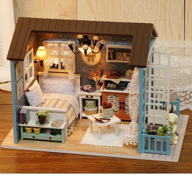 Casa de Madeira com Móveis Casa em Miniatura Brinquedos para Crianças Natal e Aniversário Quarto Bonito Faça Você Mesmo Miniaturas Z07 4 Cheap ArquiteturaCasa DIYMiniaturas