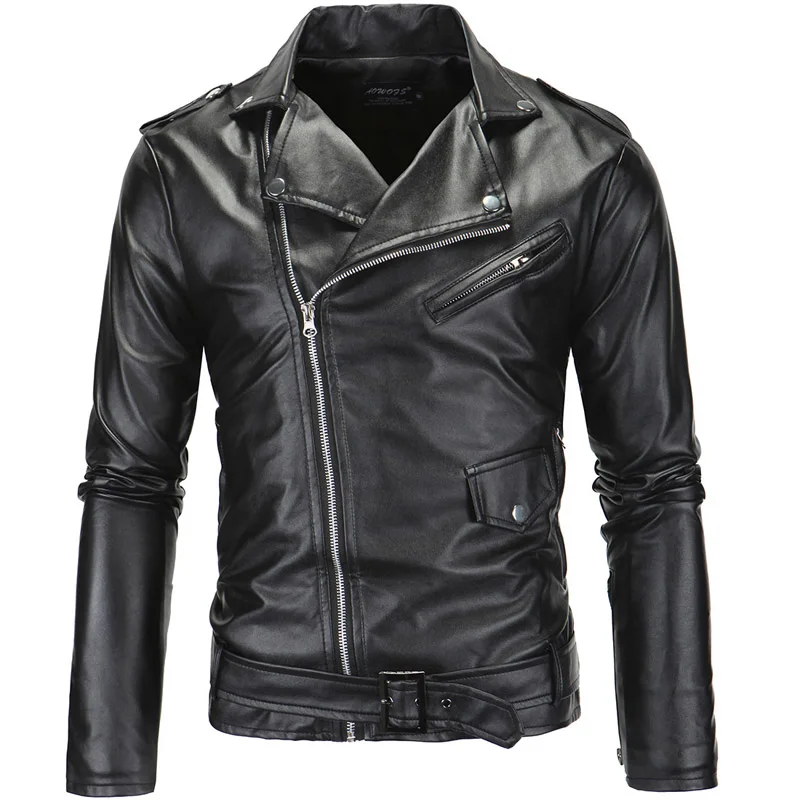 Aowofs мужские кожаные куртки Slim Fit Мотоциклетные Куртки мужские на молнии легкие Панк кожаные куртки мужские пальто из искусственной кожи белые - Цвет: Black