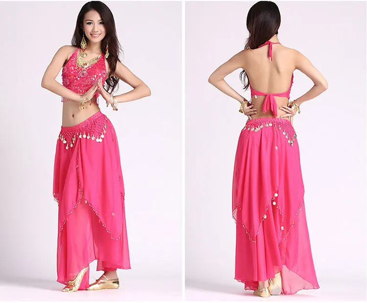 Women Belly Dacing Clothing 5 Flowers Top+Gold Coins Skirt 2pcs Belly Dance Suit For Lady Belly Dance Clothes - Цвет: Hot Pink