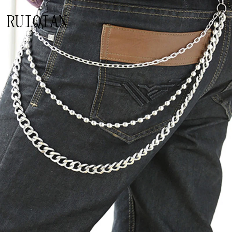 Punk 3 Lines Curb Chain Jeans Metal Skull Cross Trousers Chain Silver