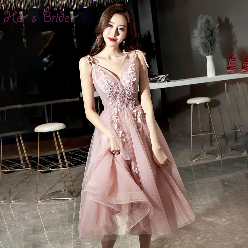 

He's Bride New Sweet Pink Cocktail Dress Deep V-neck Sleeveless Tea-length Lace Up Prom Formal Gown Robe De Soiree Custom