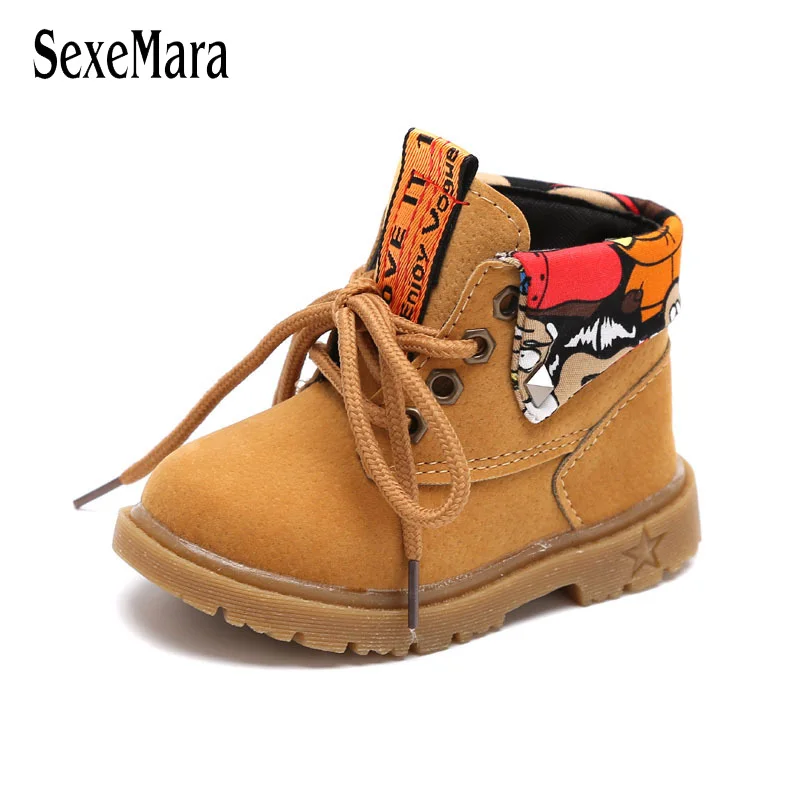 

Kids New Fashion Boot 2018 Winter Toddler Boys Boots Cartoon Graffiti Turned-over Edge Shoes for Boys Baby Lace Up Boots B09301