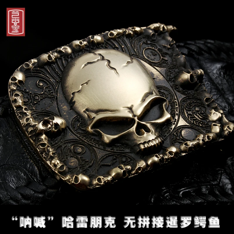 

genuine Crocodile leather punk skull brass metal belt hiphop jeans belt 3d carving