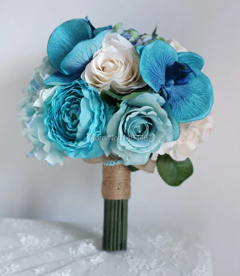 2015 Vintage Blue Rose Wedding Hand Bouquets Artificial Wedding Flowers