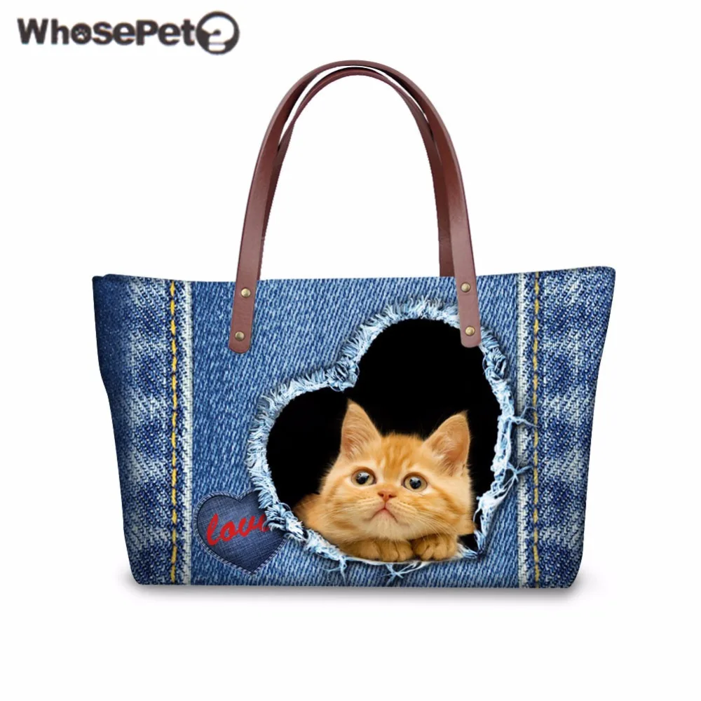 

WHOSEPET Women's Handbags Cute Cat Printing Large Tote Bag Ladies Shoulder Messenger Bags for Shopping Female Top-handle Bolsa