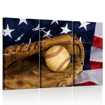 

Large 3 Pieces Canvas Prints Wall Art Baseball and American Flag Poster Sports Picture Printed On Canvas Drop shipping
