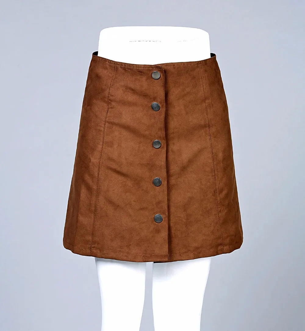 2015 Fashion Autumn Women Suede Leather Pocket Brown Skirts Buttons A line Ladies Skirt Casual