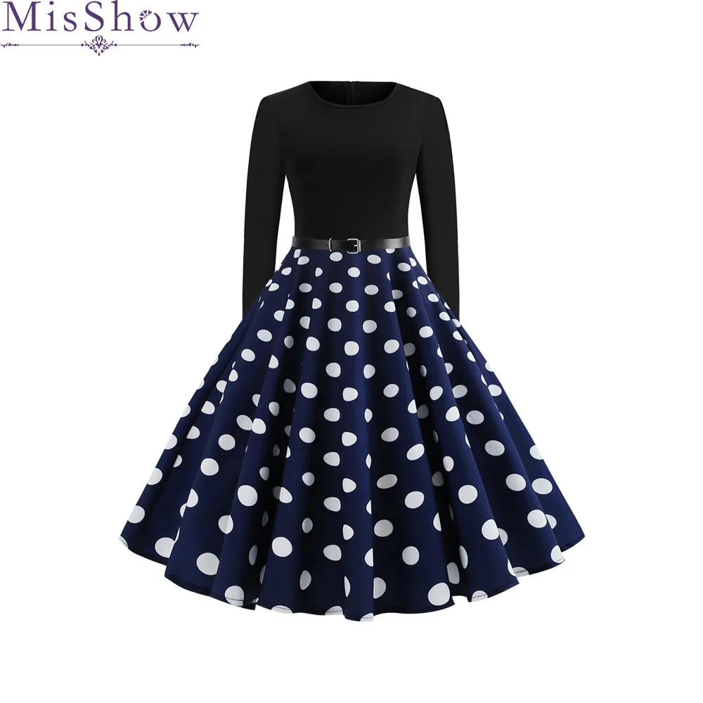 New Women Retro Dress Long Sleeves Dot Print Dress 50s 60s Vintage Rockabilly Swing Feminino