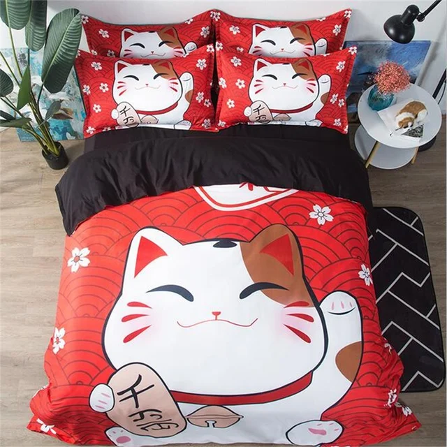 Japanese Home Textiles Maneki Neko LUCKY CAT Bedding Set Twin Queen King Bed Sheets Pillowcase
