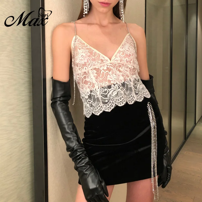 

Max Spri 2019 New Fashion Sexy Spaghetti Strap Sleeveless Top Deep V-neck Floral Lace Top