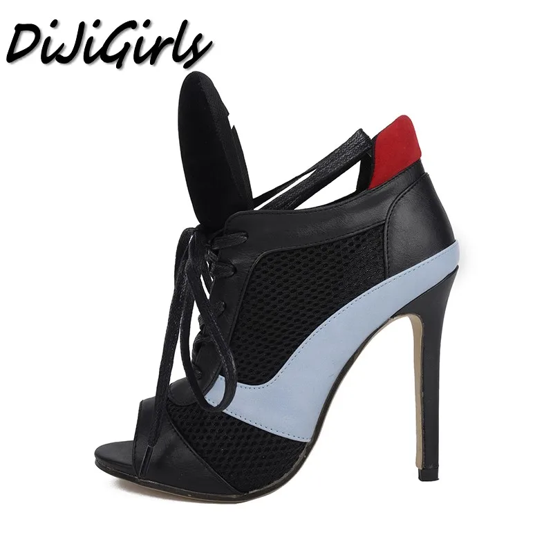 

DiJiGirls hot sell women pumps lace mesh parchtowrk peep toe high heels shoes woman party wedding shoes stiletto size 35-40