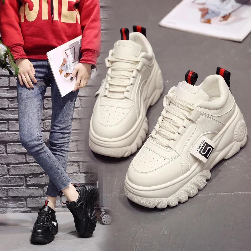 

Fashion Woman High Platform Sneakers 2019 Spring Female Shoes Black White Sneakers Breathable Zapatos Casual Mujer size 35-39